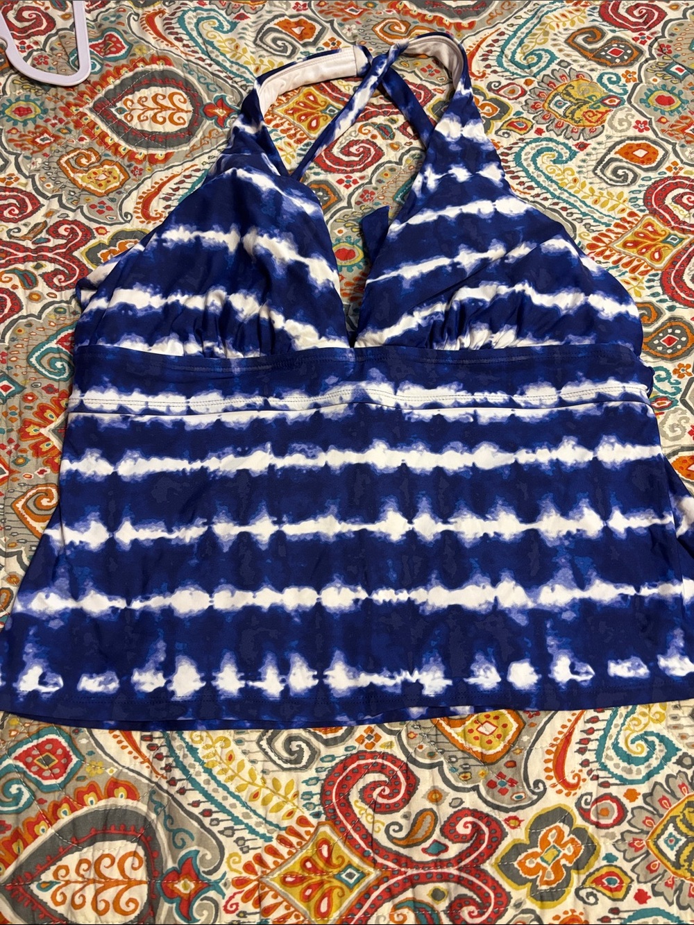 Freshwater Blue and White Tie-Dye Halter Tankini Top size xxl
